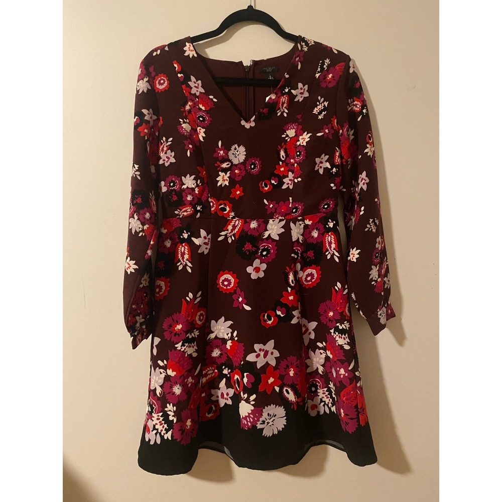 Ann Taylor Brown Floral Long Sleeve Dress Size 4 Petite